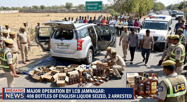 જામનગર એલ.સી.બી.ની મોટી કામગીરી: કૃષ્ણા પાર્ક પાસે એક્સયુવી કારમાંથી ૪૦૮ બોટલ ઇંગ્લીશ દારૂ સાથે બે શખ્સ ઝડપાયા, ૮ લાખથી વધુનો મુદામાલ જપ્ત.