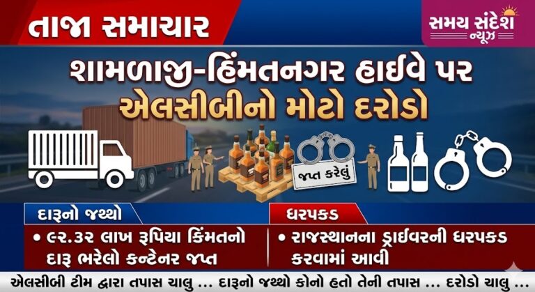 શામળાજી-હિંમતનગર હાઇવે પર LCBનો મોટો પ્રહાર : ૯૨.૩૨ લાખનો દારૂ ભરેલો કન્ટેનર ઝડપાયો, રાજસ્થાનના ડ્રાઈવરની ધરપકડ.