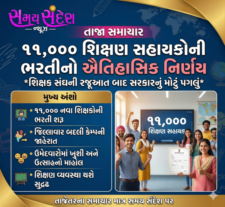 ૧૧ હજાર વિદ્યાસહાયક ભરતીનો ઐતિહાસિક નિર્ણય: શિક્ષક સંઘની રજૂઆત બાદ સરકારનો મોટો પગલું, જિલ્લાફેર બદલી કેમ્પની જાહેરાતથી ઉમેદવારોમાં ઉત્સાહ.