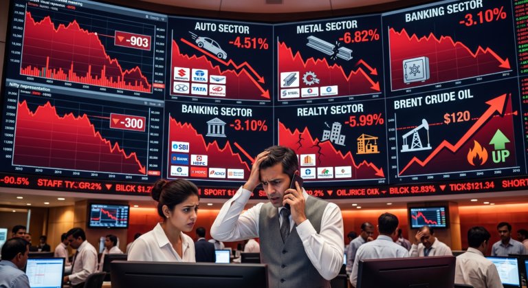 શેરબજારમાં હાહાકાર: સેન્સેક્સ ૯૦૩ પોઇન્ટ ધરાશાયી, નિફ્ટી ૨૩,૯૦૦ નીચે સરક્યો; ઓટો, મેટલ, બેન્કિંગ અને રિયલ્ટી સેક્ટરમાં ભારે વેચવાલી, બ્રેન્ટ ક્રૂડ ૧૨૦ ડોલર પાર જતા અર્થતંત્ર પર વધ્યો દબાણ.