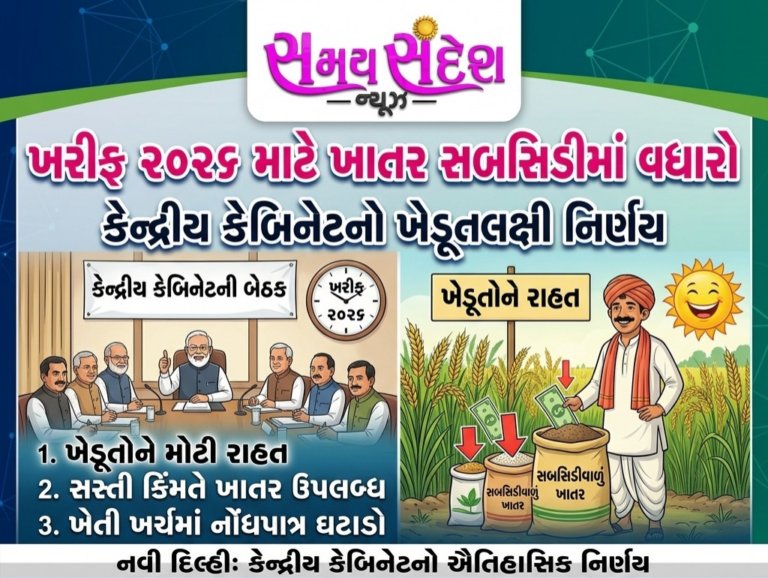 ખરીફ 2026 માટે ખાતર સબસિડીમાં વધારો – ખેડૂતોને રાહત આપતો કેન્દ્રીય કેબિનેટનો મહત્વપૂર્ણ નિર્ણય.