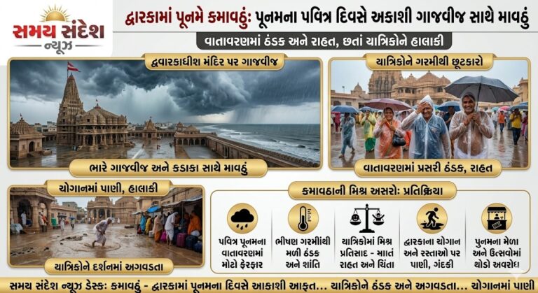 દ્વારકામાં ગાજવીજ સાથે કમોસમી વરસાદઃ પૂનમના પવિત્ર દિવસે આકાશી ફેરફારથી વાતાવરણમાં ઠંડક, યાત્રાળુઓને રાહત સાથે થોડી મુશ્કેલી.