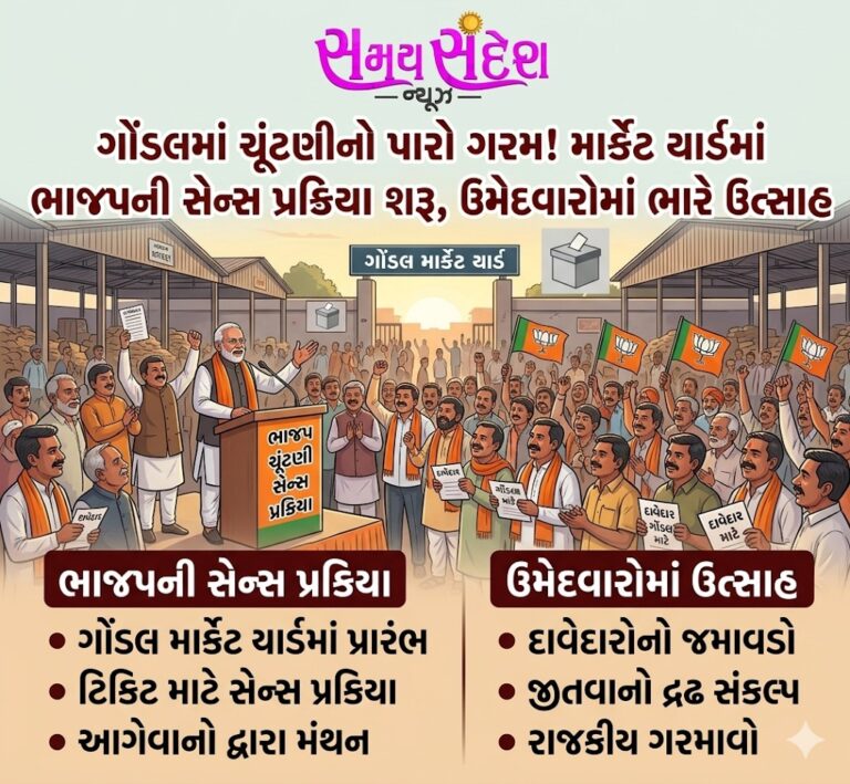 ગોંડલમાં ચૂંટણી ગરમાઈ — ગોંડલ માર્કેટ યાર્ડમાં ભાજપની સેન્સ પ્રક્રિયા શરૂ, ઉમેદવારોમાં ભારે ઉત્સાહ.