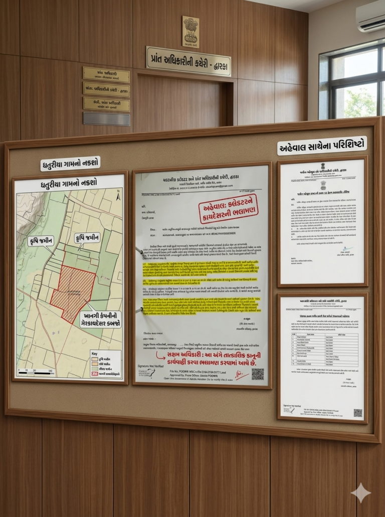 ધતુરીયા ગામની ખેતી અને ગૌચર જમીન પર ખાનગી કંપનીનો ગેરકાયદેસર કબજો: પ્રાંત અધિકારીનો અહેવાલ, કાયદેસર કાર્યવાહી માટે કલેક્ટરને ભલામણ.