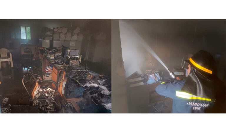 ૧૧૨ કંટ્રોલ રૂમની તત્કાળ કાર્યવાહીથી મોટી દુર્ઘટના ટળી — જામનગર જિલ્લા પંચાયત ભવનના બીજા માળે લાગેલી આગ ફાયર ટીમે સમયસર કાબૂમાં લીધી.
