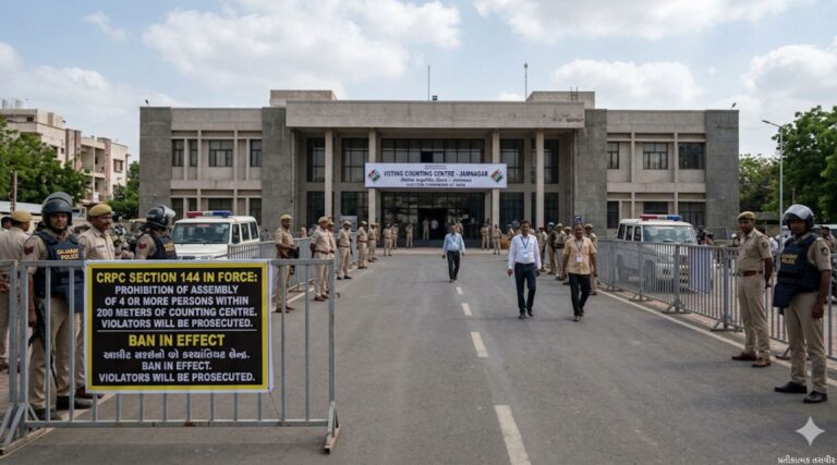 “જામનગરમાં મતગણતરી પૂર્વે કડક સુરક્ષા બંદોબસ્ત: મતગણતરી કેન્દ્રથી ૨૦૦ મીટર વિસ્તારમાં ચારથી વધુ લોકોના એકઠા થવા પર પ્રતિબંધ, શાંતિપૂર્ણ પ્રક્રિયા માટે જાહેરનામું અમલમાં”