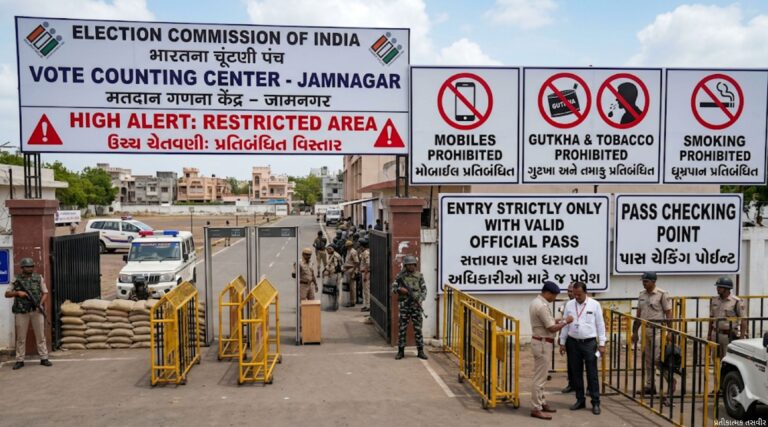 “જામનગરમાં મતગણતરી પૂર્વે હાઈ એલર્ટ: નિયત મતગણતરી કેન્દ્રોમાં કડક પ્રતિબંધો અમલમાં, પાસ વિના પ્રવેશ નહીં, મોબાઈલ-ગુટખા-ધુમ્રપાન પર સંપૂર્ણ પ્રતિબંધ”