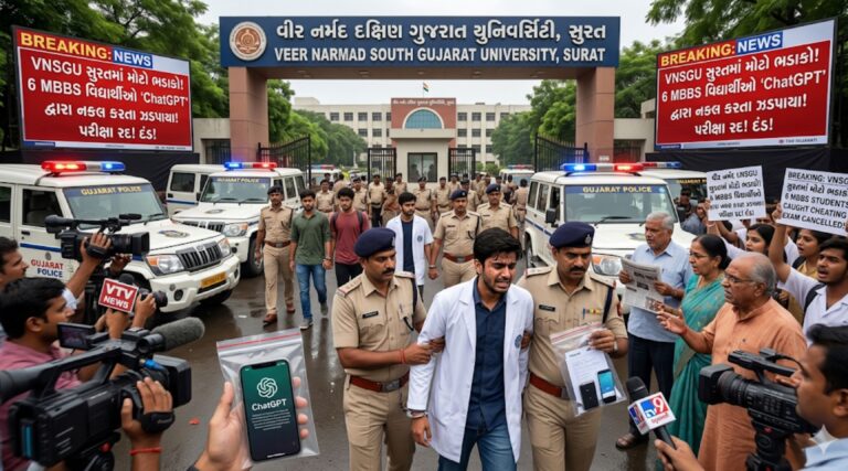 સુરતની VNSGUમાં હાઈટેક નકલનો મોટો ભંડાફોડ: લાઈવ પરીક્ષા દરમિયાન પ્રશ્નપત્રના ફોટા લઈ ChatGPT પર જવાબ શોધતા 6 વિદ્યાર્થીઓ ઝડપાયા, MBBS વિદ્યાર્થીઓ પણ સામેલ, પરીક્ષા રદ અને દંડથી શિક્ષણ જગતમાં હચમચાટ.