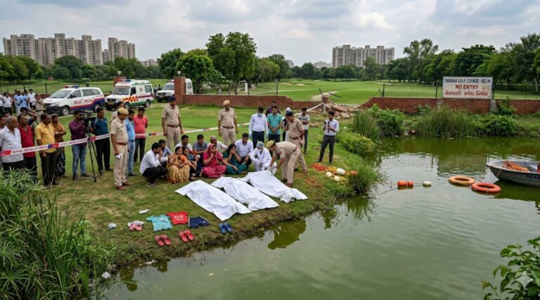દિલ્હીના દ્વારકા ગોલ્ફ કોર્સમાં કરુણ ટ્રેજેડી: તળાવમાંથી ત્રણ નિર્દોષ બાળકોના મૃતદેહ મળતાં સનસનાટી, બાઉન્ડ્રી વોલ કૂદી પ્રવેશ્યા બાદ ડૂબી જવાની આશંકા.
